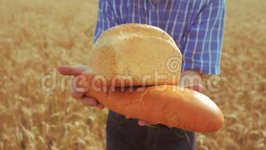 <strong>老农</strong>夫面包师拿着一个金色的面包和面包在麦田对抗蓝天。 慢动作视频。 成功成功成功